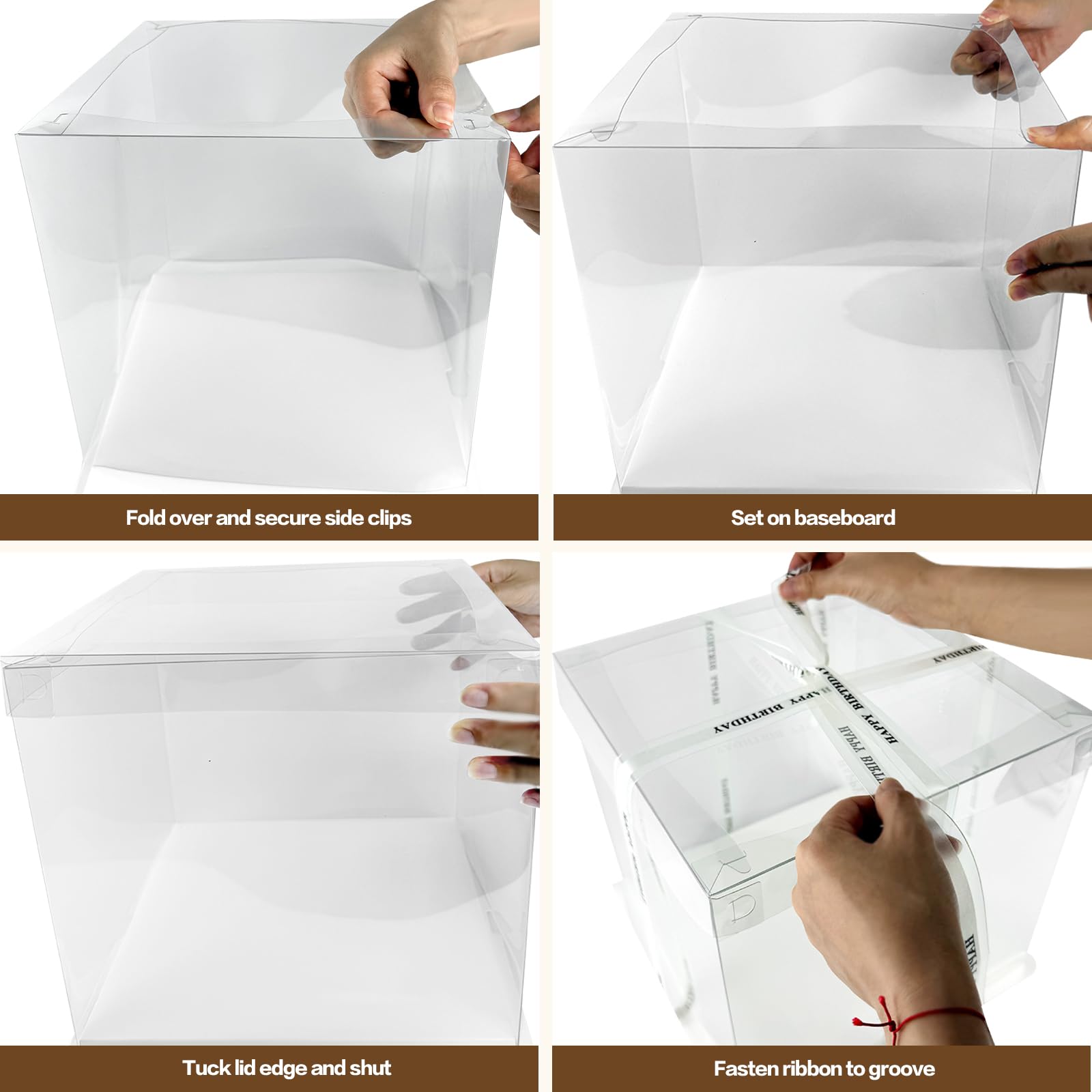 Seuqhck 6 Pack Clear Cake Box with Ribbon, 25.4 cm Tall PET Cake Carrier Boxes 2-Layer Transparent Gift Packaging Box with Lid for Wedding, Birthday, Festival Cakes Display and Transport