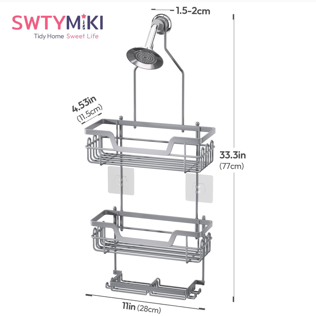 SWTYMIKI Shower Caddy Hanging, Shower Caddy Over Shower Head with 2 Soap Holders & hooks, 3 Tier Antirust & Anti-Swing Bathroom Shelves Organizer No Drilling, Silver