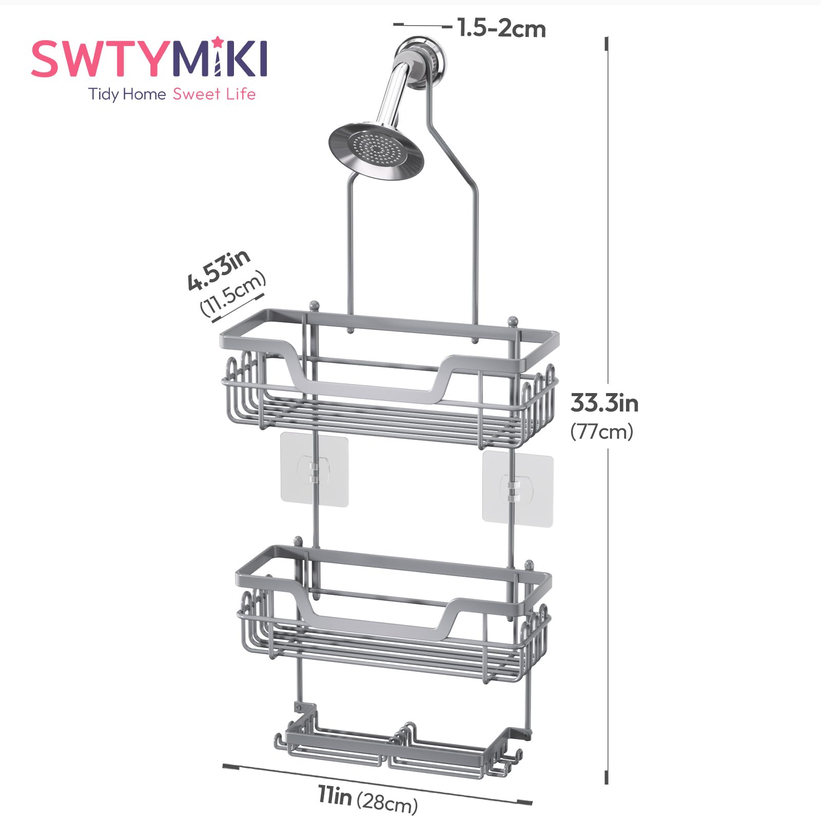 SWTYMIKI Shower Caddy Hanging, Shower Caddy Over Shower Head with 2 Soap Holders & hooks, 3 Tier Antirust & Anti-Swing Bathroom Shelves Organizer No Drilling, Silver