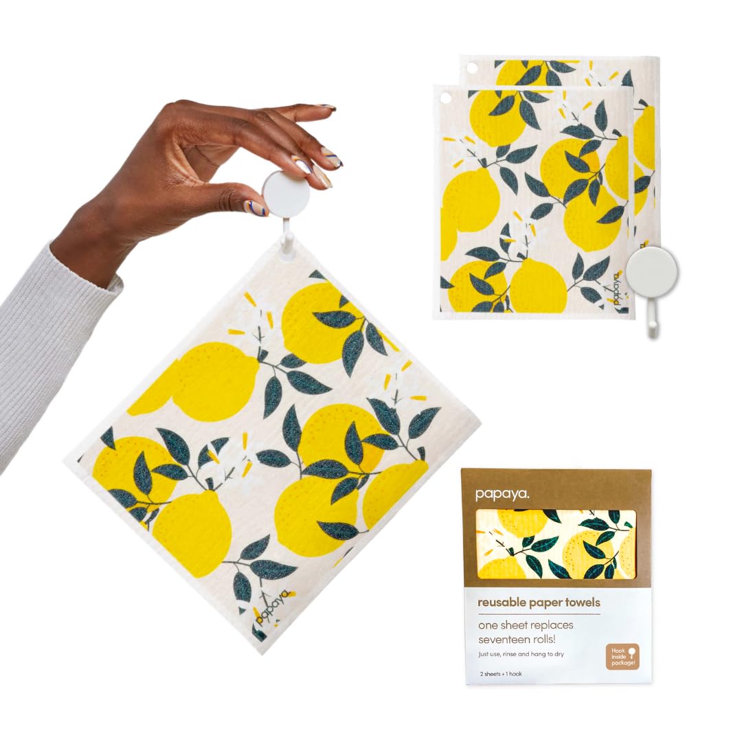 Papaya Reusable Paper Towels 2-Pack - 2 Sheets + 1 Hook, 1 Sheet Replaces 17 Rolls, Quick Drying, No Odor, Washable Kitchen Cloth, Sustainable Dish Sponge, Eco Friendly Gift (Squeeze The Day)