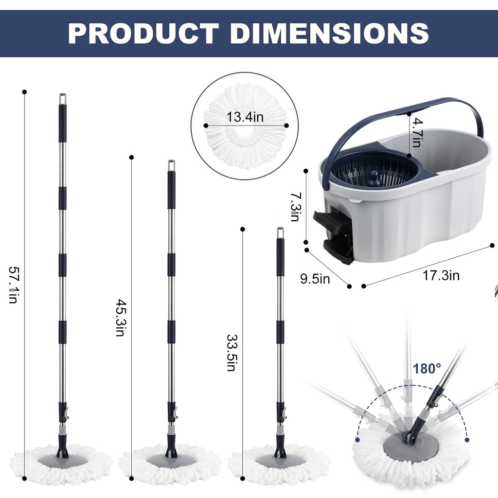 Spin Mop and Bucket System with180-Degree Rotating Head Telescopic Handle Dual Chamber Bucket Floor Cleaning Set with 3 Mop Refills Dual-Function Wringing Hand-Press and Foot-Pedal
