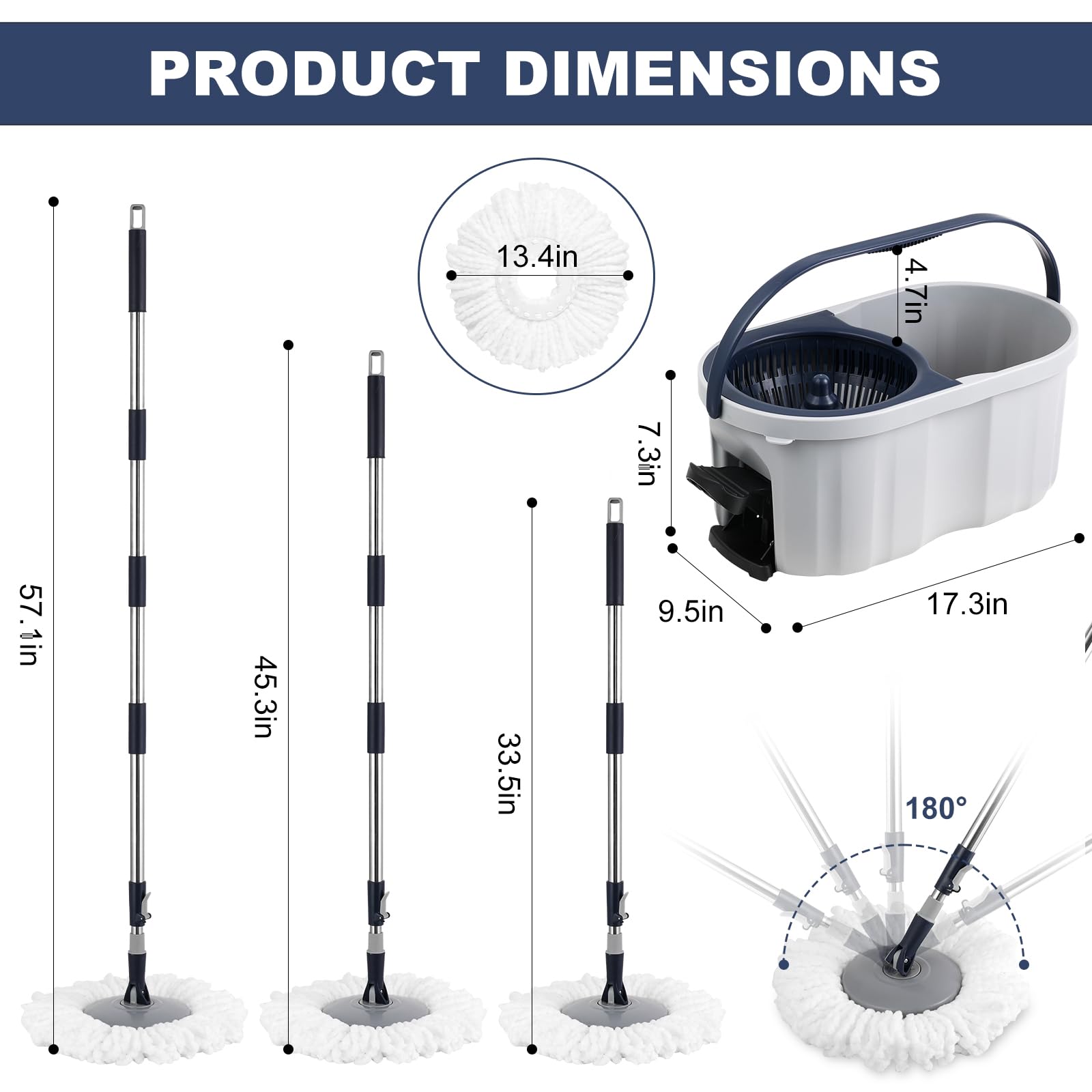 Spin Mop and Bucket System with180-Degree Rotating Head Telescopic Handle Dual Chamber Bucket Floor Cleaning Set with 3 Mop Refills Dual-Function Wringing Hand-Press and Foot-Pedal