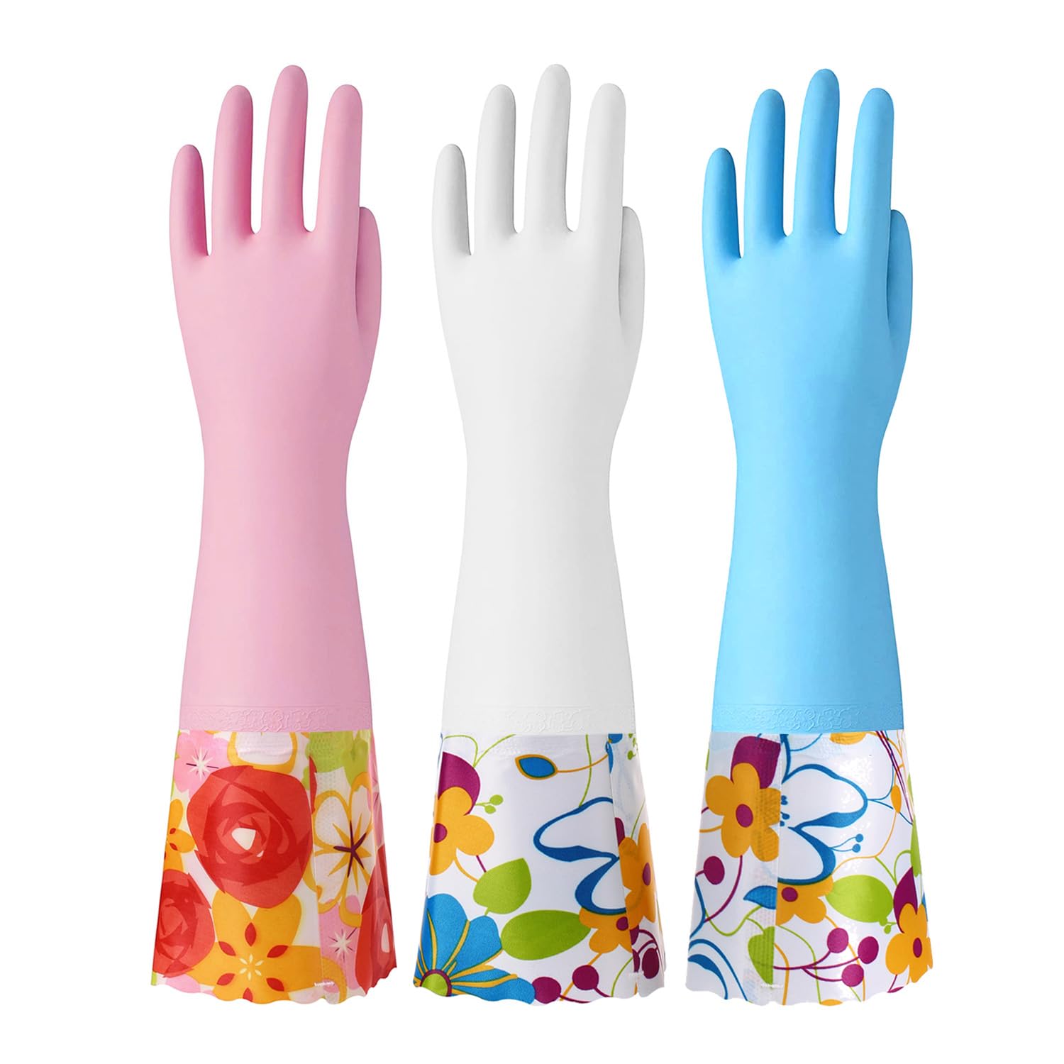 Bamllum 3 Pairs Rubber Cleaning Gloves for Dishwashing, Household Kitchen Dish Washing Gloves with Flocked Cotton Liner, Long Cuff 16", Reusable, Non-Slip (Medium)