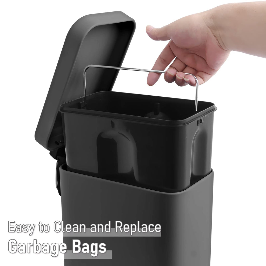 5 Liter/1.3 Gallon Slim Small Trash Can with Lid Soft Close, Stainless Steel Garbage Can for Bathroom Bedroom Office, Rectangular Step Trash Bin with Removable Inner Waste Basket (Black)