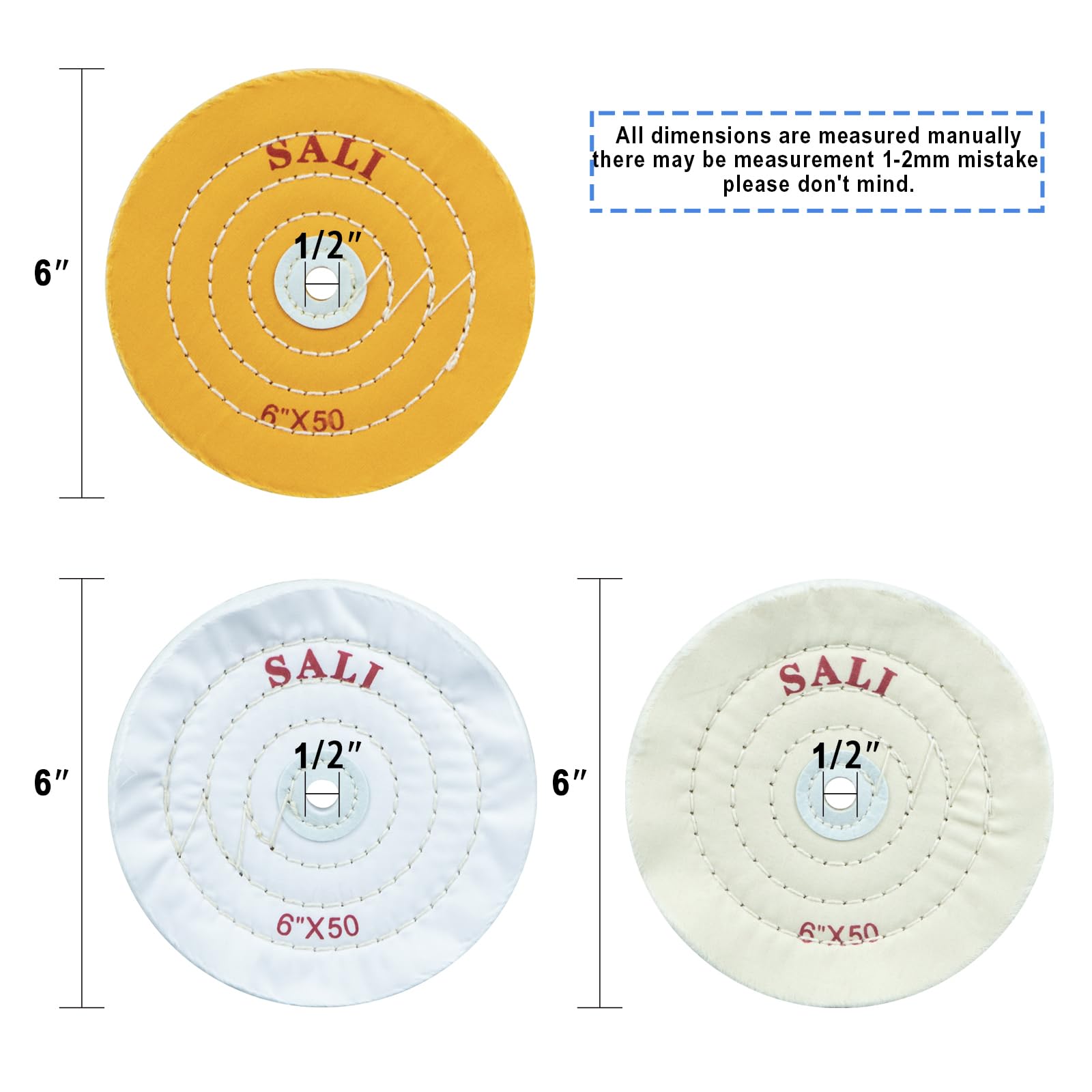 SALI 4 Pack Polishing Wheel for Bench Grinder 6" Buffing Wheel 2 *Yellow Cotton,1*White-Medium Cotton,1* White-Fine Cotton (50 Ply) for Buffer Polisher Pad 1/2'' Arbor Hole with Polishing Compound Kit