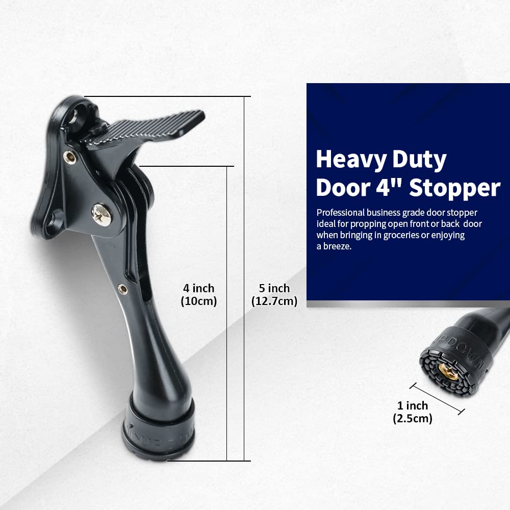 HOME&I One Touch Easy Pedal Door Stop Stopper Height Adjustable Kick Down Door Stop with Rubber Tip Spring Lever Screw Type (Black, 4 Inch x 2 Pack)