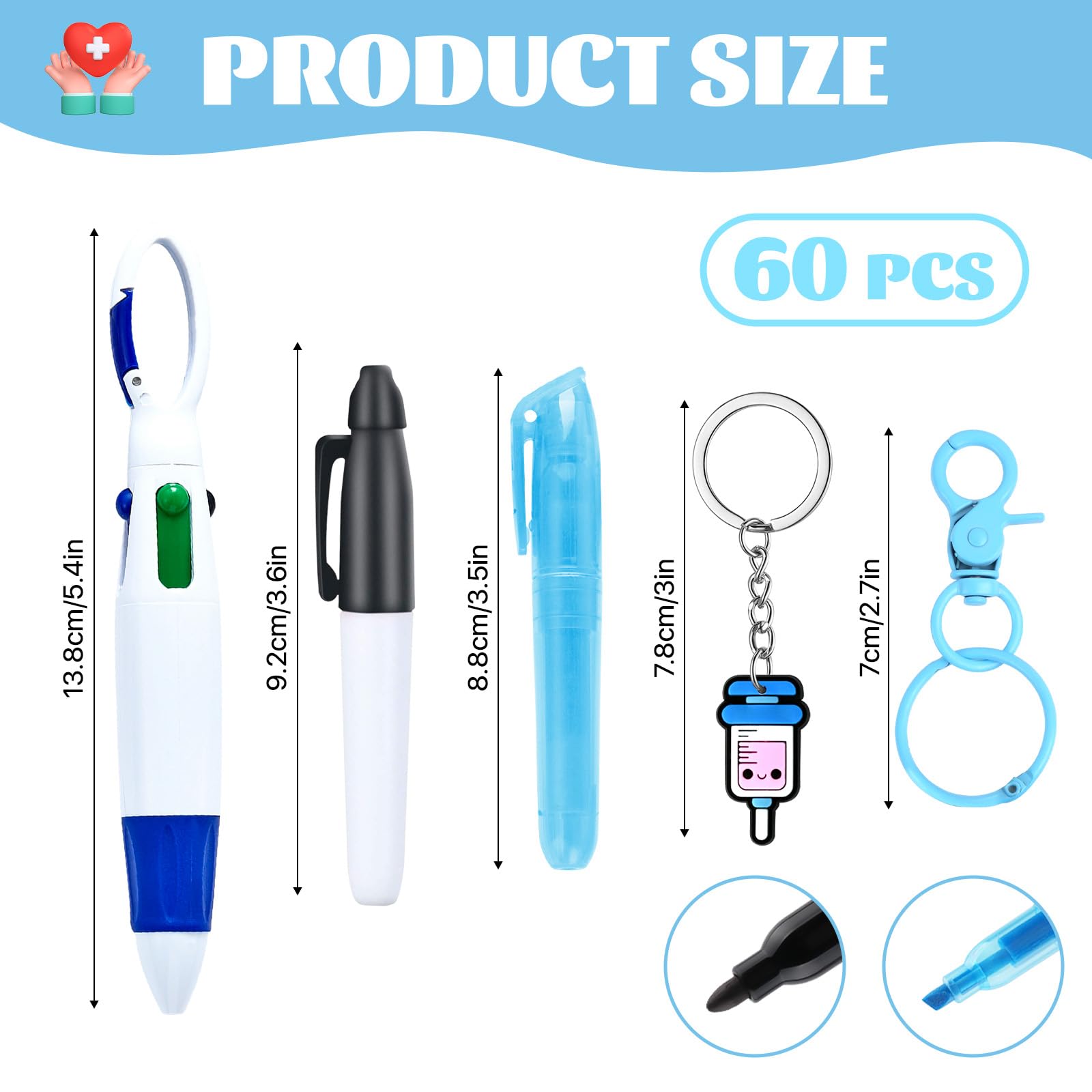 Supkiir 60 Pcs Mini Nurse Pen Kit, Mini Highlighter Nurse Pens, Nurse Accessories Set Including 12 Badge Reel Pens, 12 Permanent Marker Pen, 12 Tip Highlighter with 12 Nursing Keychain Clip