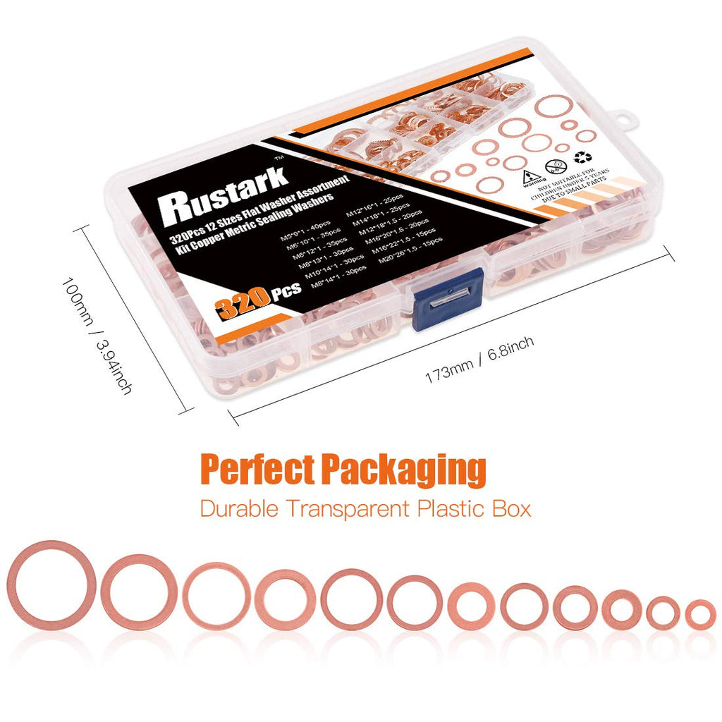 Rustark 320 Pcs Copper Flat Washers Assortment Kit Metric Sealing Washers M5 M6 M8 M10 M12 M14 M16 M20（12 Sizes）