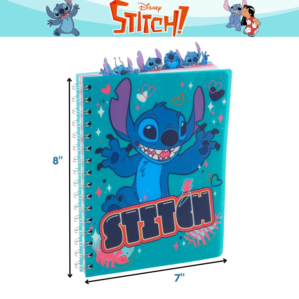 Disney Stitch Tab Journal Spiral Notebook, Ballpoint Pen, Sticky Tabs, 96 Lined Pages, Blue
