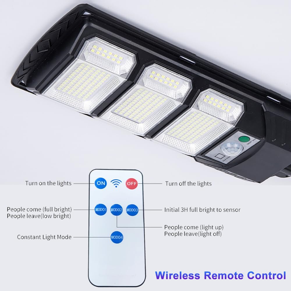 Solar Powered LED Street Light Outdoor Flood Lamp Waterproof Motion Sensor with Remote Control for Courts, Yards, Barns, Gardens, Docks, Factories