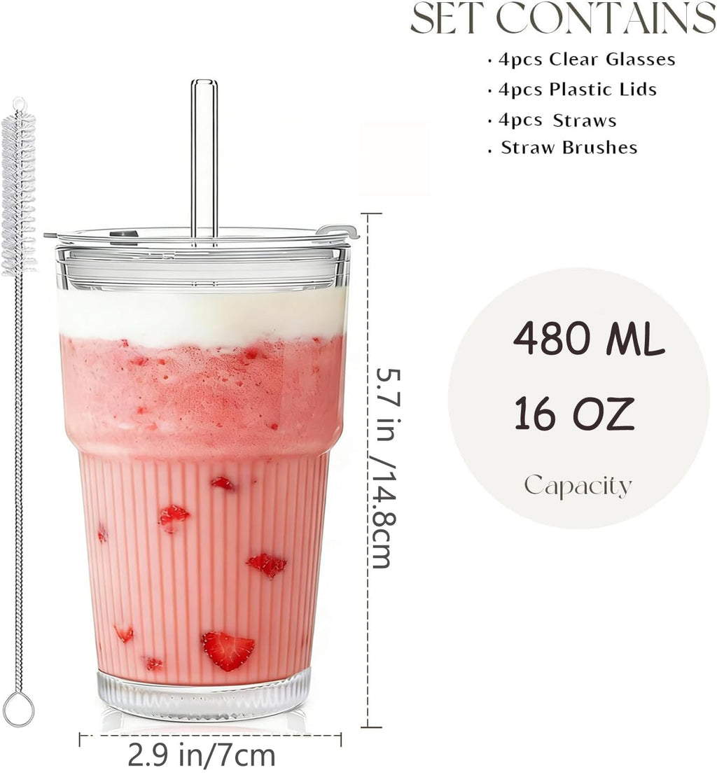 ALINK 4 Pack 16 oz Ribbed Glass Tumblers with Lids and Straws Glassware Cups Set, Thickened Glass, Ideal for Iced Coffee, Smoothies, Cocktails,Juices
