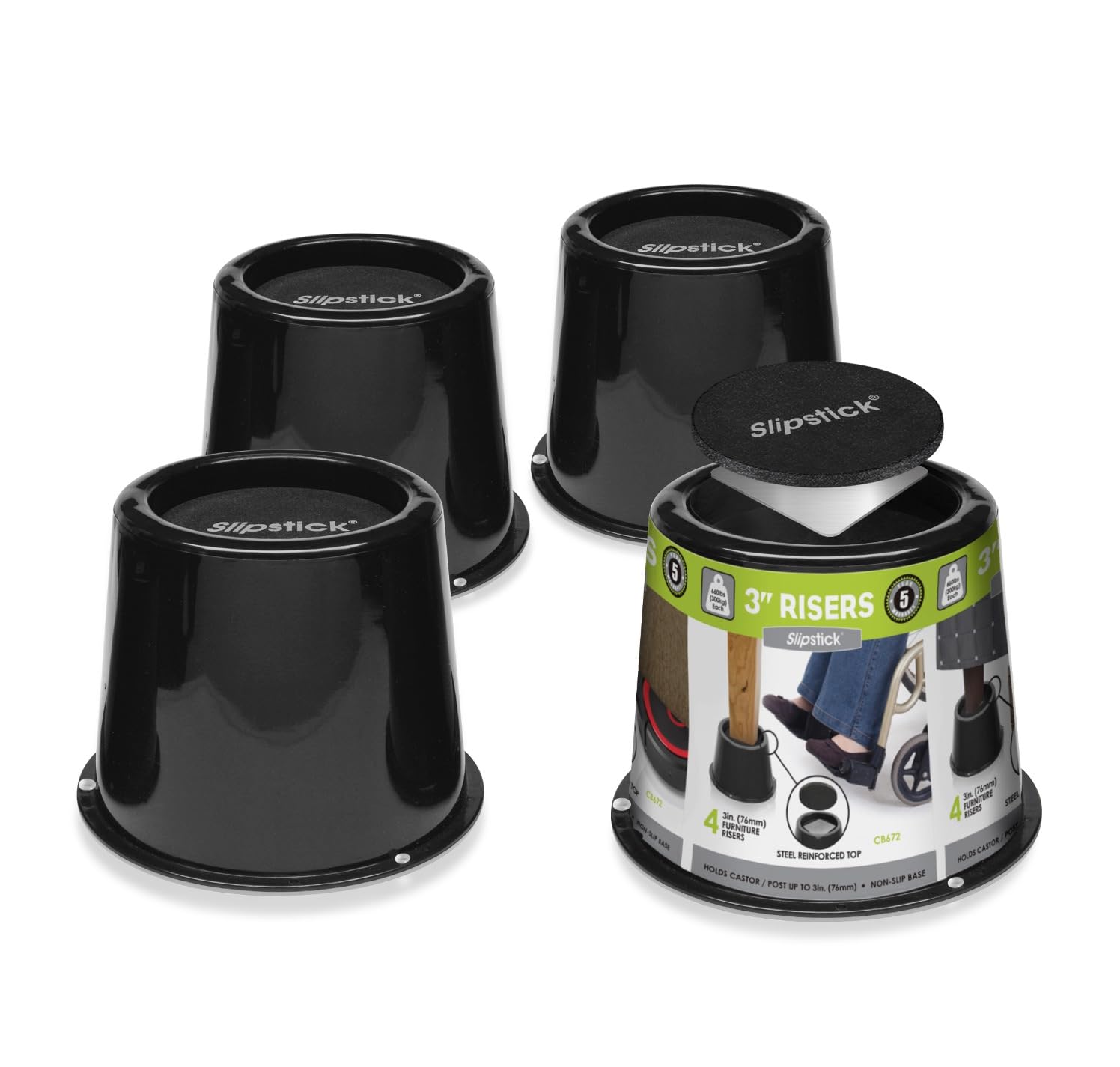 Slipstick 3 Inch (76mm) Bed Risers/Furniture Raisers with Steel Reinforced Holder Top, Lifts Height 3" (4 Pack) Supports 2,640 Pounds (1,200kg), Black, CB672