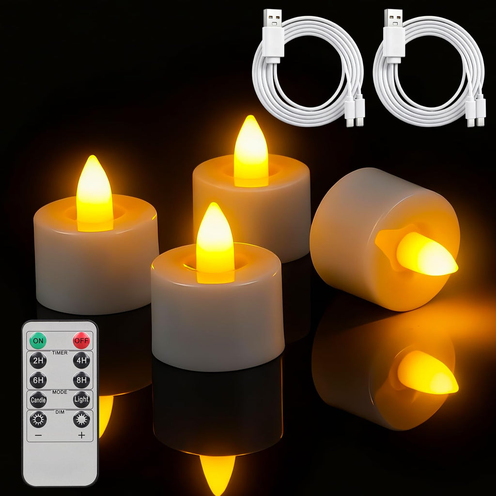 Ropelux 4 Rechargeable Tea Lights with Charging Base,Realistic Flickering Dimmable LED Candles with Remote Control Timer in Warm Yellow for Christmas,Weddings, Parties, Festivals (with Cable, 4)