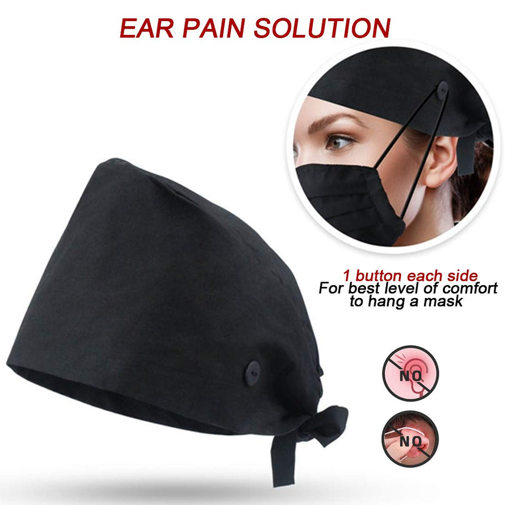 ATHPIK 3pcs Scrub Caps Solid Working Surgical Cap Nurse Hats with Buttons and Sweatband Adjustable Tie Back Hat for Women Men Medical(Black/Blue/Grey)
