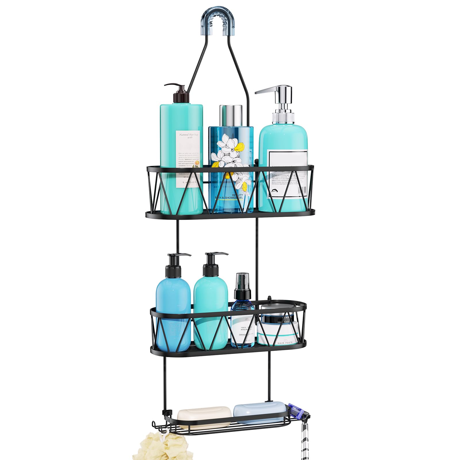 HapiRm Over Head Shower Caddy, Rustproof & Waterproof Shower Caddy Hanging with with Soap Holder & 4 Hooks, No Drilling Bathroom Shelf Organizer Hanging for Shampoo, Soap