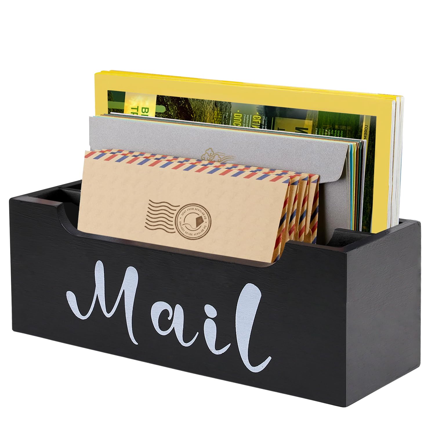 ZBBCTUS Mail Organizer Wall Mounted with 2 Slots & Removable Grids, Black Mail Sorter Basket, Wood Desk Mail Holder Countertop Hanging for Home Office Decor