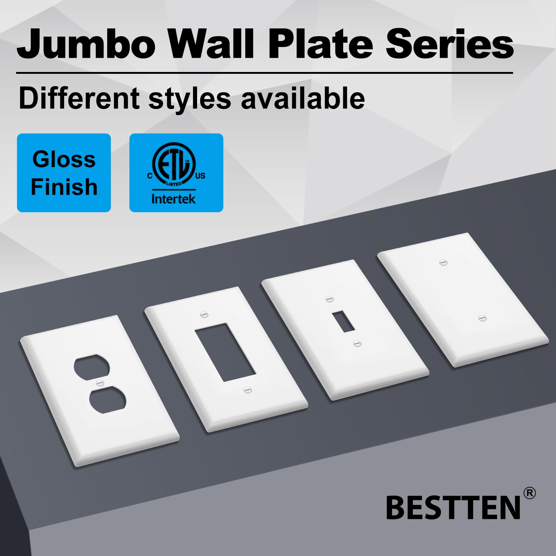BESTTEN 10 Pack 1-Gang Oversize Decorator Wall Plate, Jumbo Decor Receptacle Outlet Cover, Unbreakable Polycarbonate Oversized Light Switch Cover, cETL Listed Single Large Faceplate, White