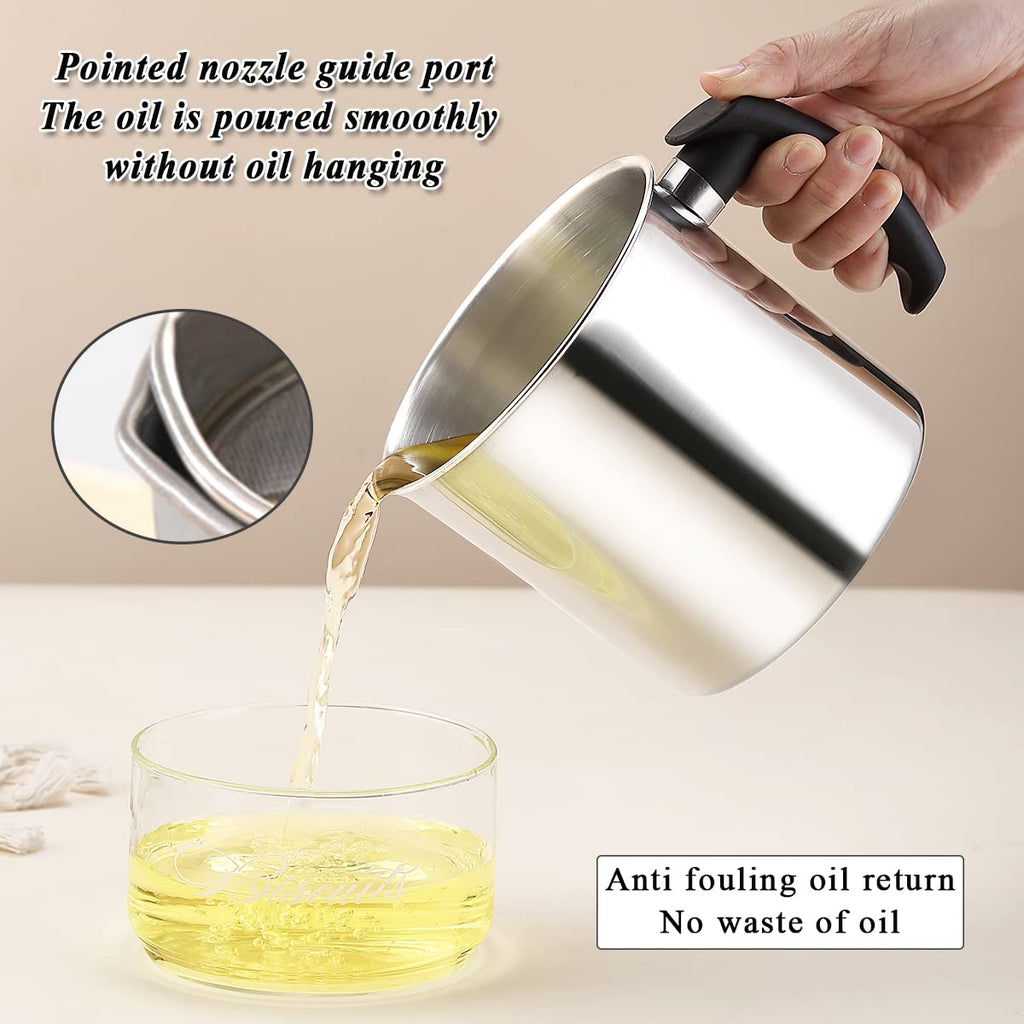 Kyraton Bacon Grease Container with Strainer, 48 oz Stainless Steel Oil Container, Pot Fat Storage with Lid, Easy Grip Handle Suitable for Storing Frying Oil and Cooking Grease