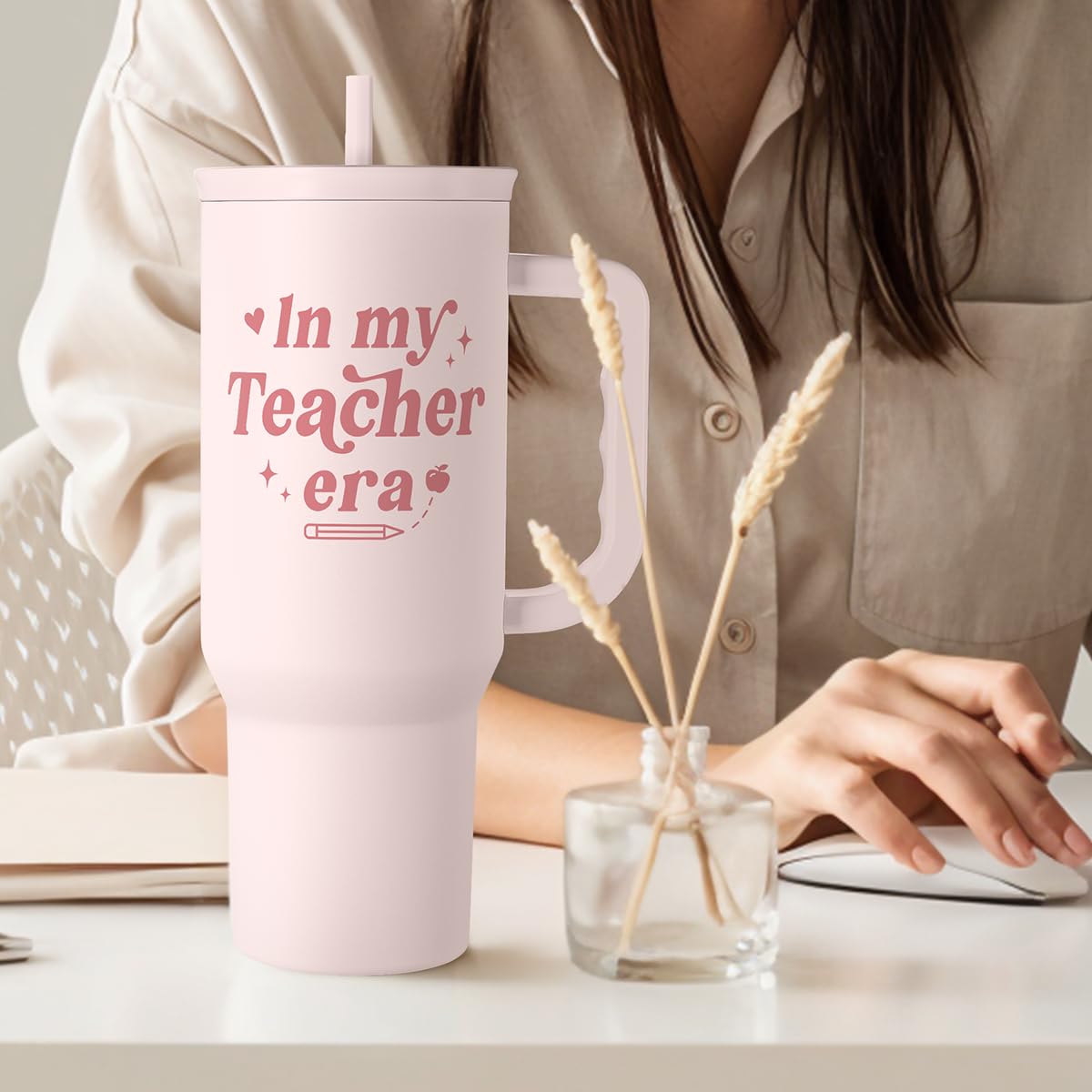 SANDJEST Teacher Gift – Stainless Steel Insulated Tumbler with Handle - Cool Teacher Club Travel Coffee Mug Cup for Women Back to School Birthday Christmas Teacher's Appreciation, 40oz