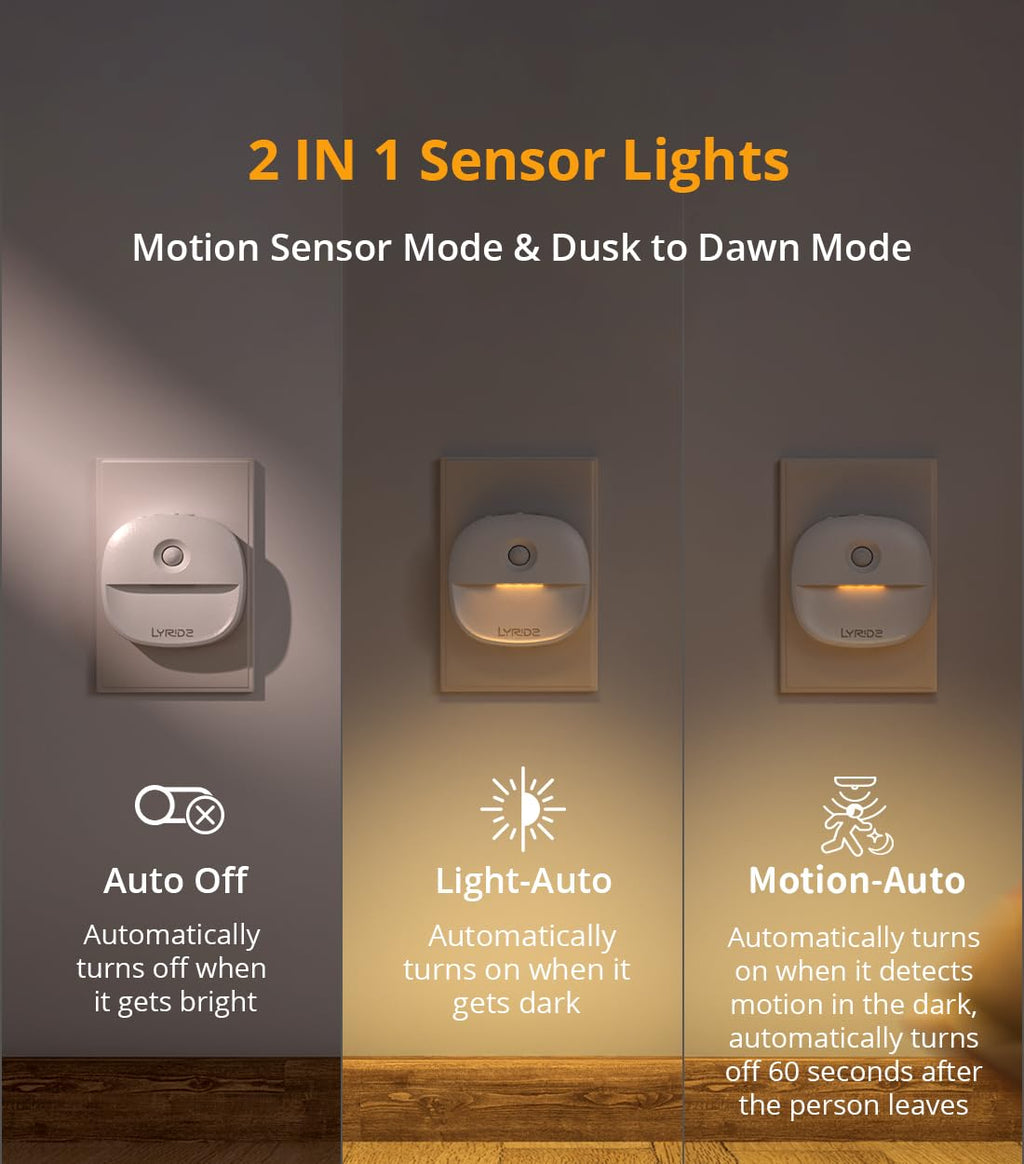 Lyridz Motion Sensor Night Light Plug in, [4 Pack] 2-in-1 Auto Modes (Motion Activated + Dusk to Dawn), 1-50LM Dimmable Veilleuse, 2700K Warm White for Stairs, Hallway, Bathroom - Ultra Slim