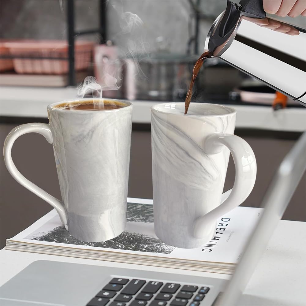 20 OZ Large Coffee Mugs,Marble Ceramic Tall Coffee Mug Set of 2, Extra Large Coffee Mug with Handle Big Porcelain Tea Cups for Men Women Gifts, Grey