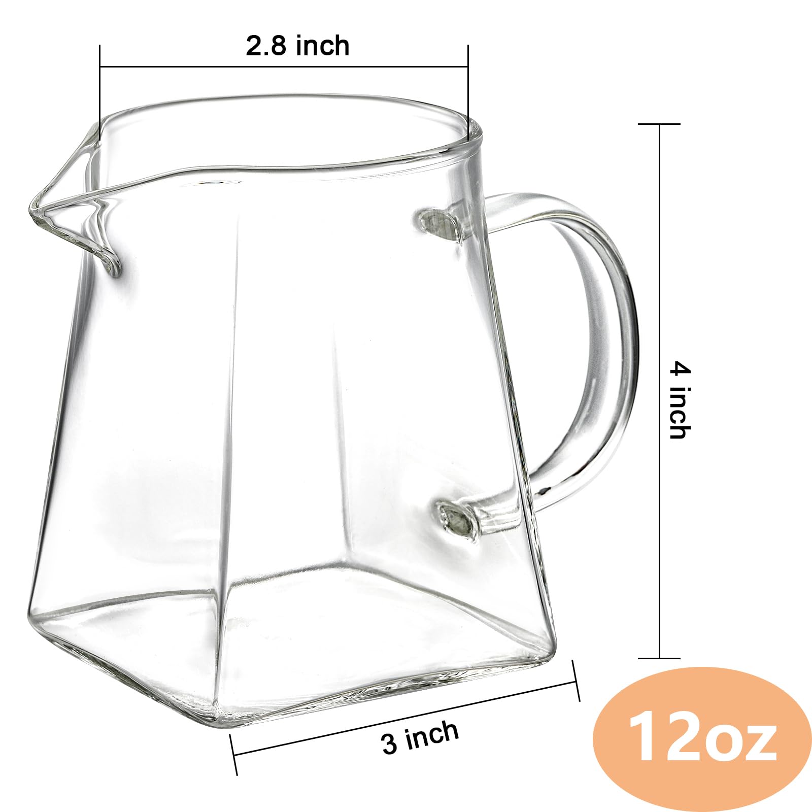 Yarlung 4 Pack Small Glass Pitcher, 12 Oz Clear Creamer Pitcher with Handle, Creative Coffee Milk Pitcher Tea Fair Cups for Table Serving, Square Base