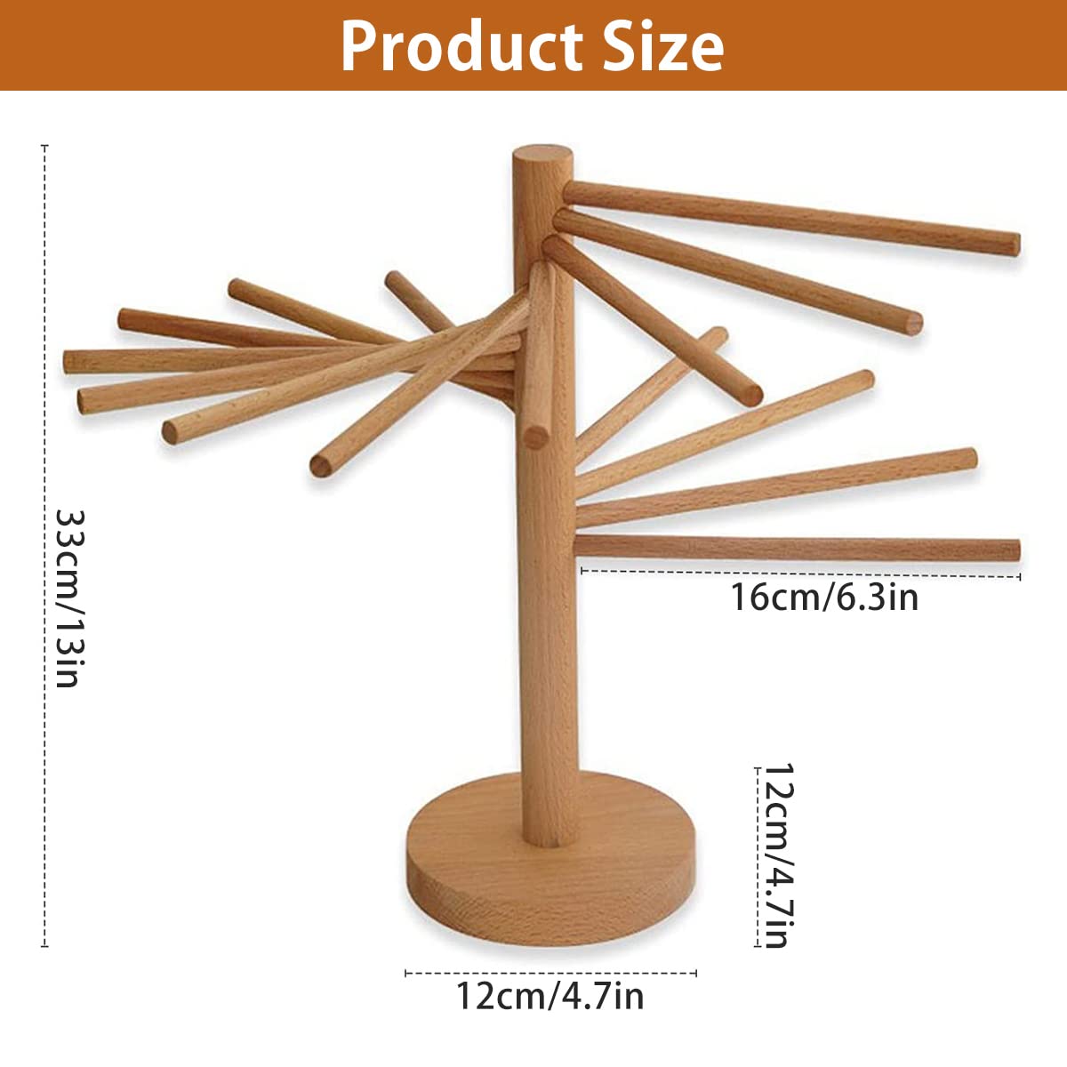 Pasta Drying Rack Collapsible Wood Fresh Pasta Dryer Rack Stand Foldable Noodle Hanger with 16 Non-Slip Rods Spaghetti Drying Rack for Kitchen Compact for Easy Storage, Quick Set up (Log Color)