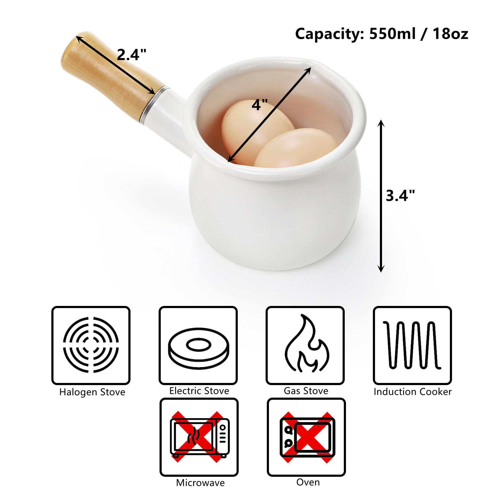 DEAYOU Enamel Milk Pot, 0.6 Quart Mini Butter Warmer Saucepan with Insulated Wooden Handle and Dual Pour Spout, Nonstick Small Soup Pot for Stove Top, Home, Kitchen, Cooking, Heating, Boiling, 18 Oz