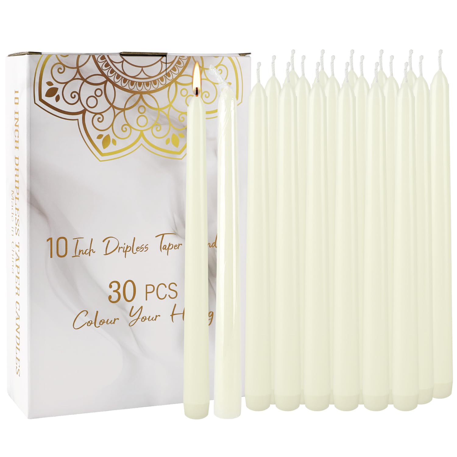 TLNFHRPI 30 Pack of 10-Inch Ivory White Taper Candles - Unscented and Smokeless Long Burning