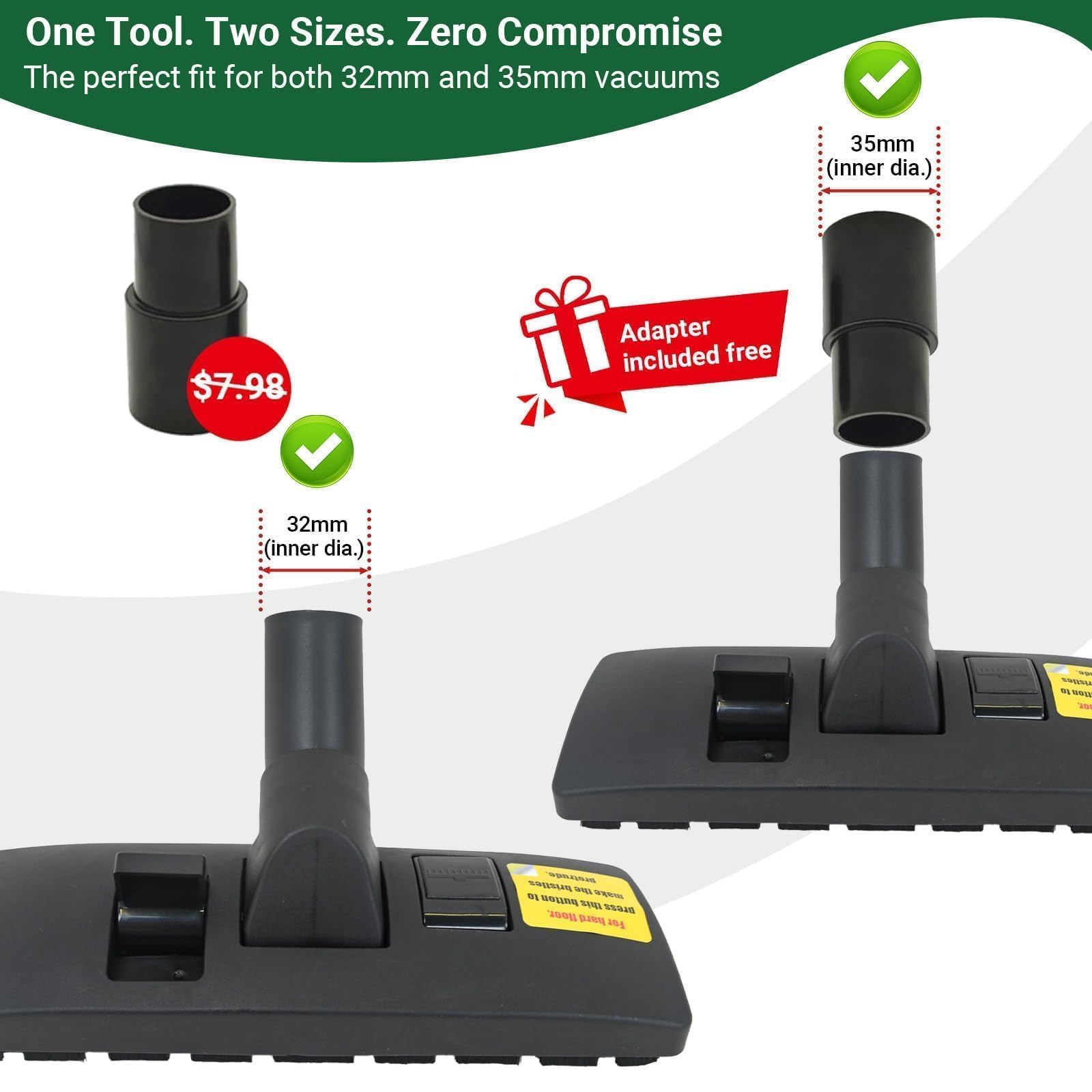 EZ SPARES Universal Vacuum Cleaner Floor Brush with Vacuum Adapter,Compatible with Most Brand,Hoover, Eureka, Rainbow,Shop VAC,Nozzle Tool,2-in-1 for Hard Floor&Carpet Combo(with Mini Cleaning Brush)