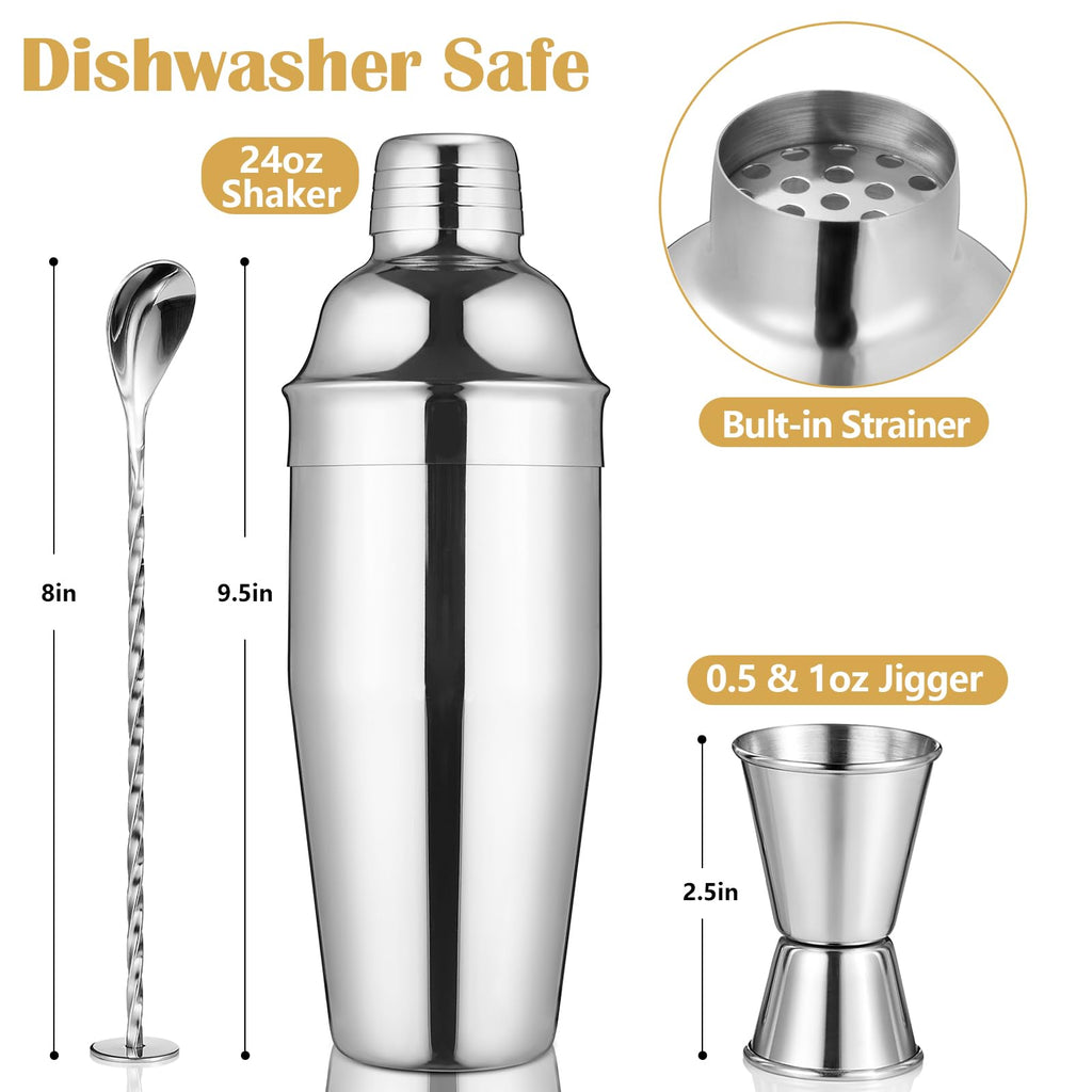 Etens Cocktail Shaker Set | Bar Set Shaker Cocktail Kit w/ 24oz Martini Shaker, Measure Jigger, Mixing Spoon | Perfect Drink Mixer for Home Bartender - Mixology Bartending Tool Accessories