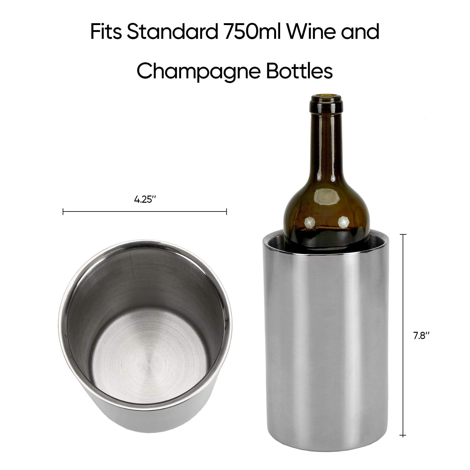 Jucoan Wine Chiller, Stainless Steel Double Wall Insulated Wine Cooler Bucket, Fits Standard 750ml Bottle, Silver