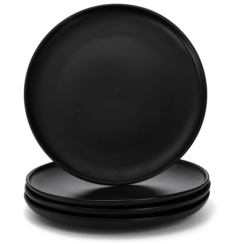 ZENFUN Set of 4 Porcelain Dinner Plates, 10 Inch Matte Ceramic Dish Steak Plates, Elegant Large Round Serving Plates for Salad, Pasta, Pizza, Dishwasher & Microwave Safe, Black