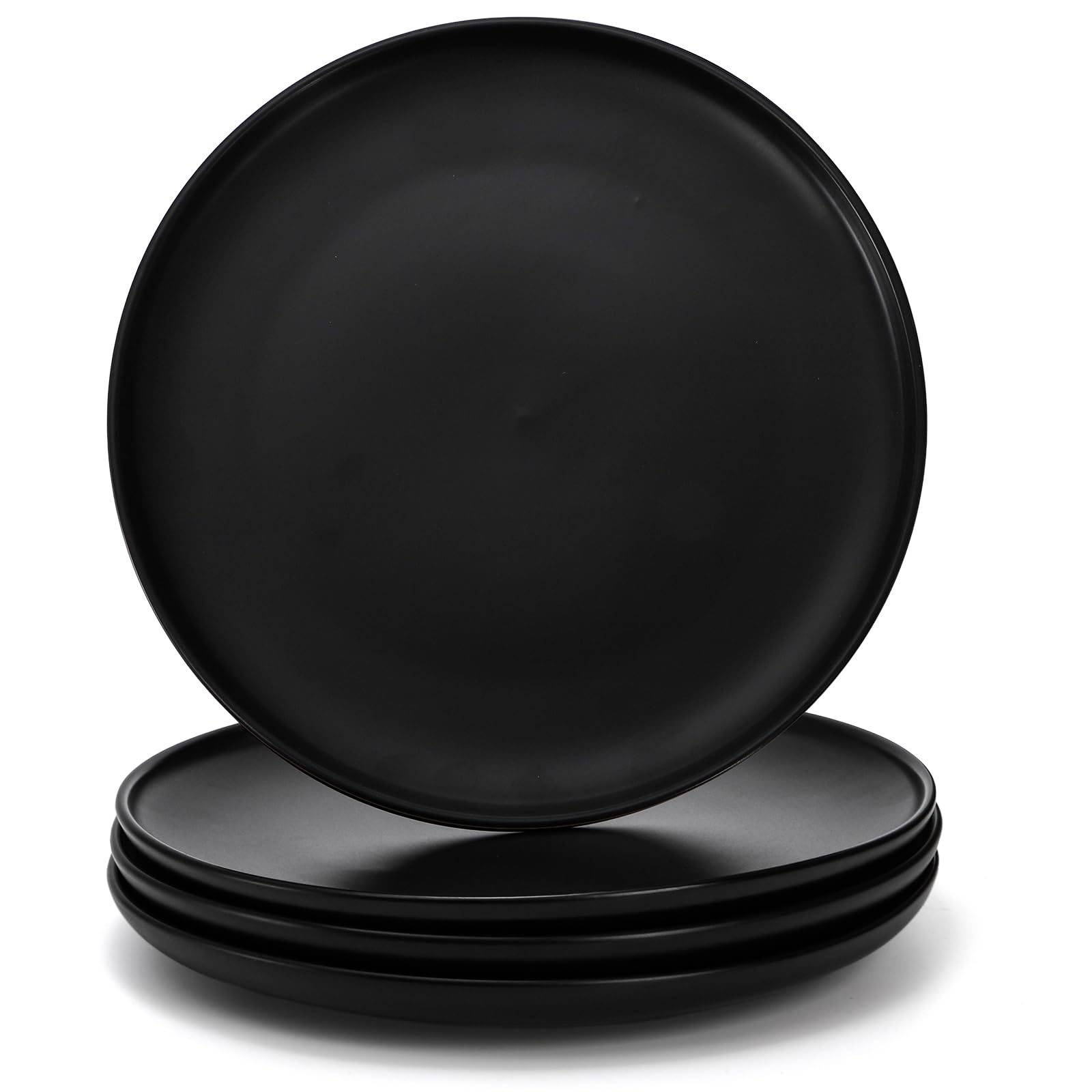 ZENFUN Set of 4 Porcelain Dinner Plates, 10 Inch Matte Ceramic Dish Steak Plates, Elegant Large Round Serving Plates for Salad, Pasta, Pizza, Dishwasher & Microwave Safe, Black