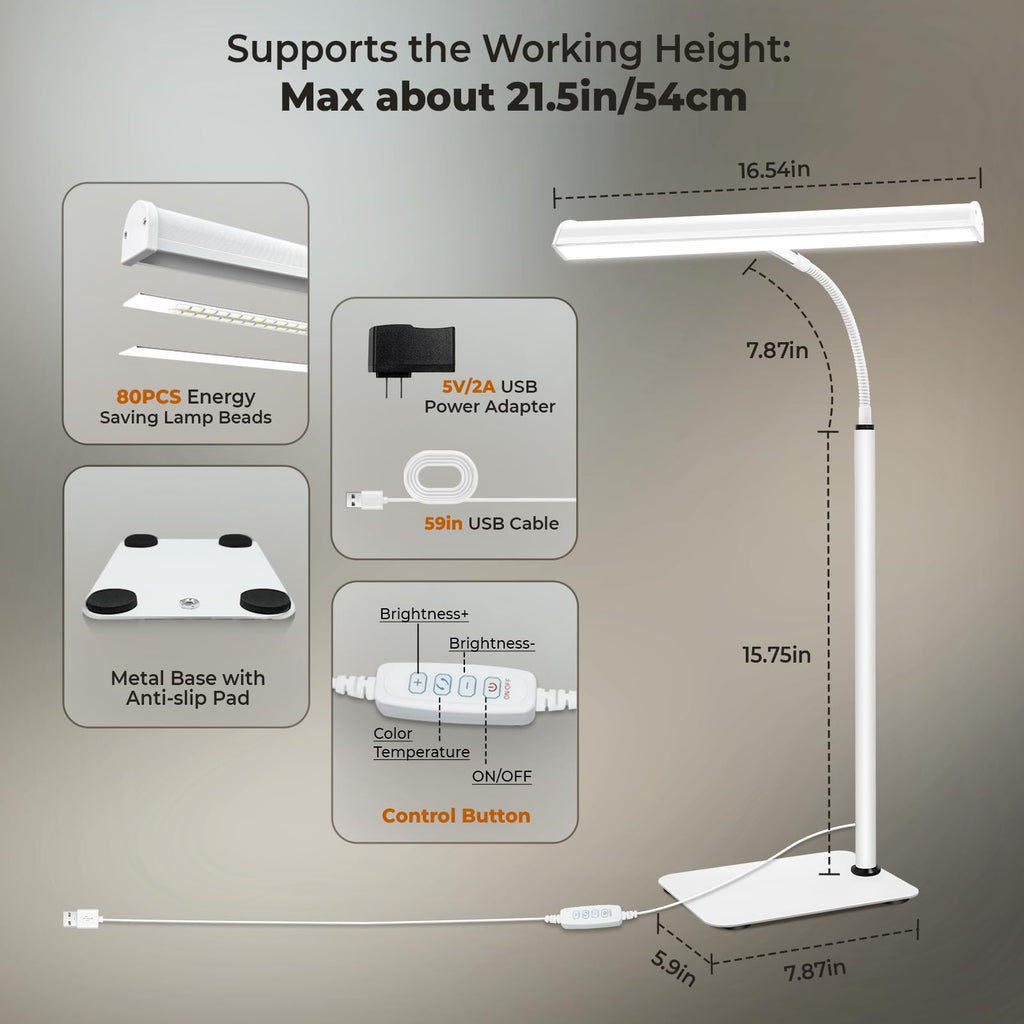 Desk Lamp for Home Office, Eye-Caring Architect LED Table Lamp, 3 Color Modes & 10 Brightness Level Desk Lamp, Adjustable Flexible Gooseneck, 21.5inch Tall Desk Light for Work Study Reading (White)