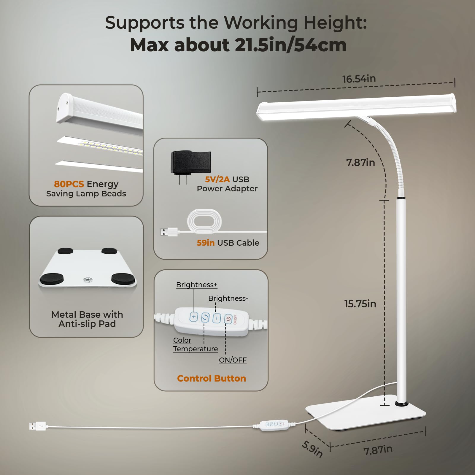 Desk Lamp for Home Office, Eye-Caring Architect LED Table Lamp, 3 Color Modes & 10 Brightness Level Desk Lamp, Adjustable Flexible Gooseneck, 21.5inch Tall Desk Light for Work Study Reading (White)