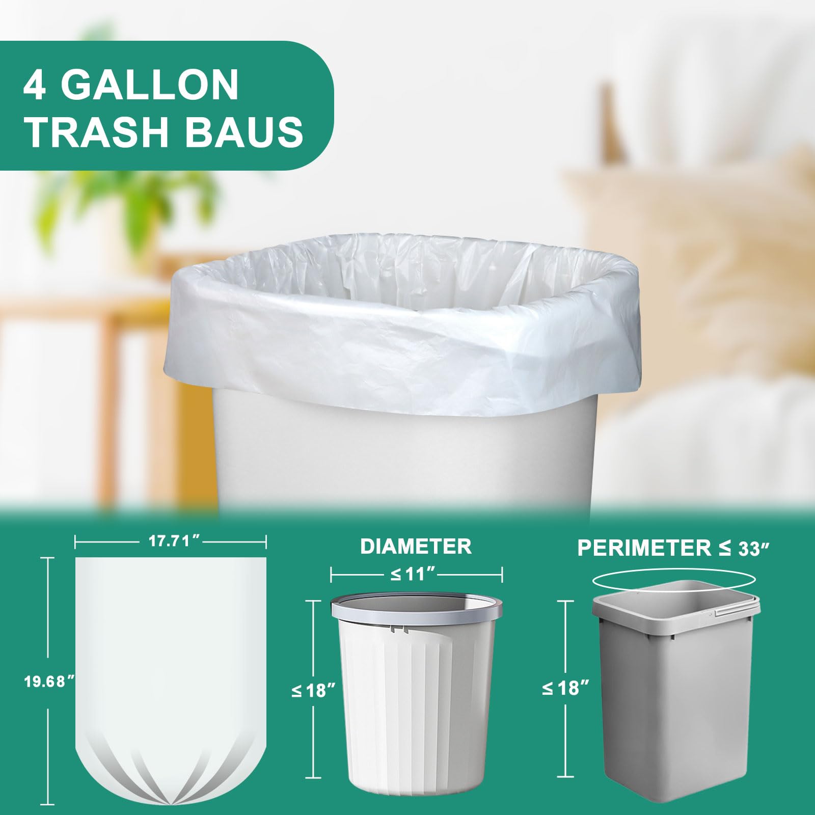 220 Count Small Garbage Bags-15 Litres/4 Gallon White Trash Bags for Office,Bedroom, Bathroom-Unscented 15L Small Trash Bags,compost bags
