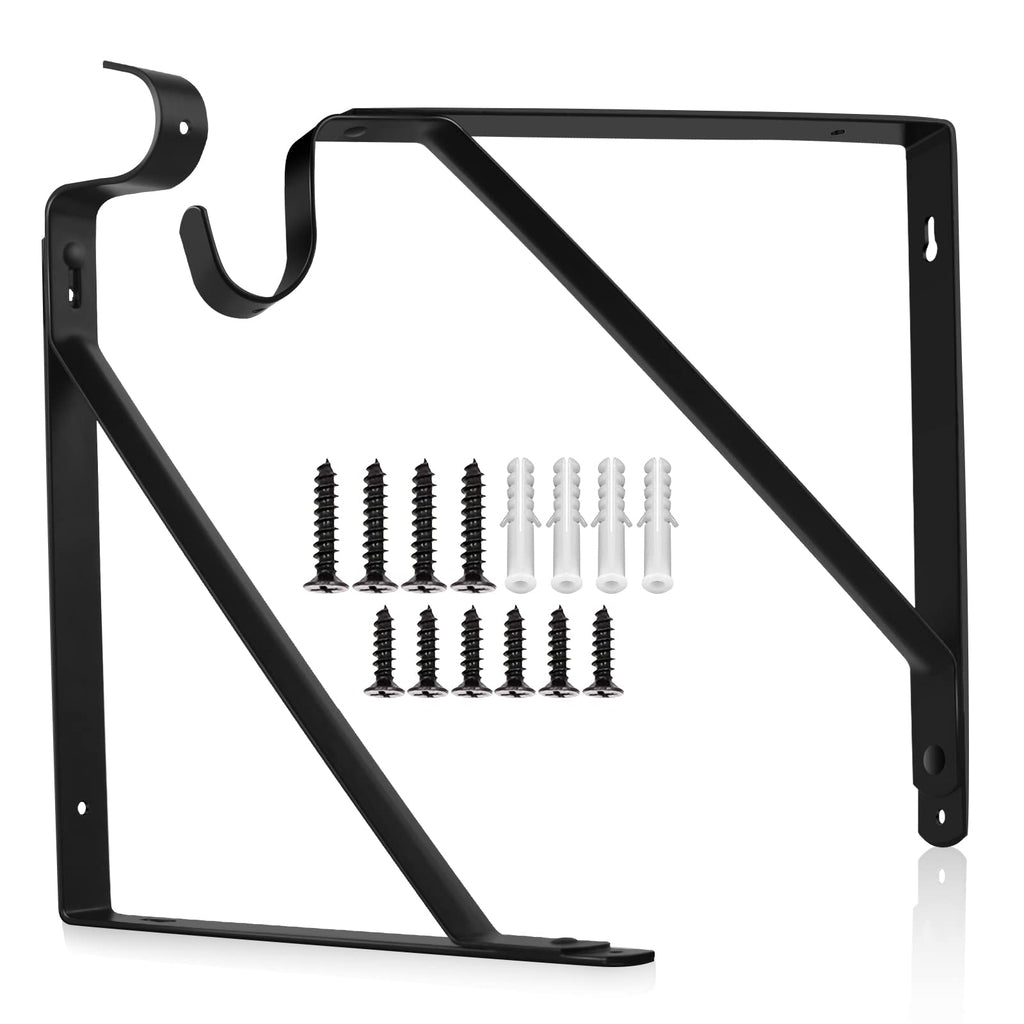 Closet Rod Bracket, Heavy Duty Shelf Bracket with Rod Holder, 10.9X 10.2 inch Black Closet Rod Support Wall Mounted Clothes Hanger Pole Support Hooks, 2 Pack