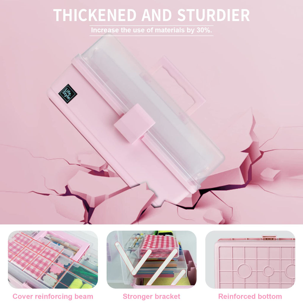 Creahaus 34cm Art Craft Organizer Storage Box with 3 Layers, Multifunctional Plastic Tool Box with Handle for Sewing, Makeup, Medicine, Nail, Hair Accessories (Pink)