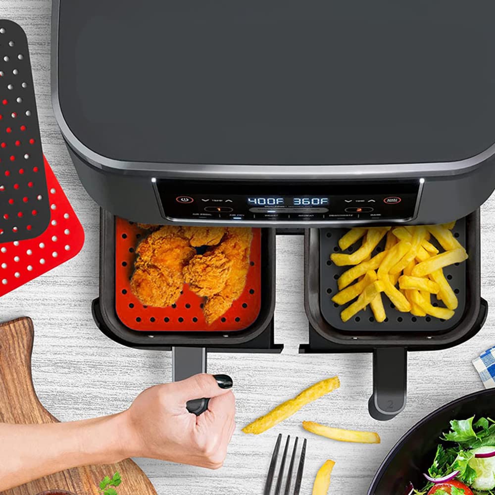 4 Pack Air Fryer Liners - Double Basket Silicone Mats for Dual Basket Air Fryers - Reusable Non-Stick Silicone Air Fryer Mats Replacement for Parchment Paper