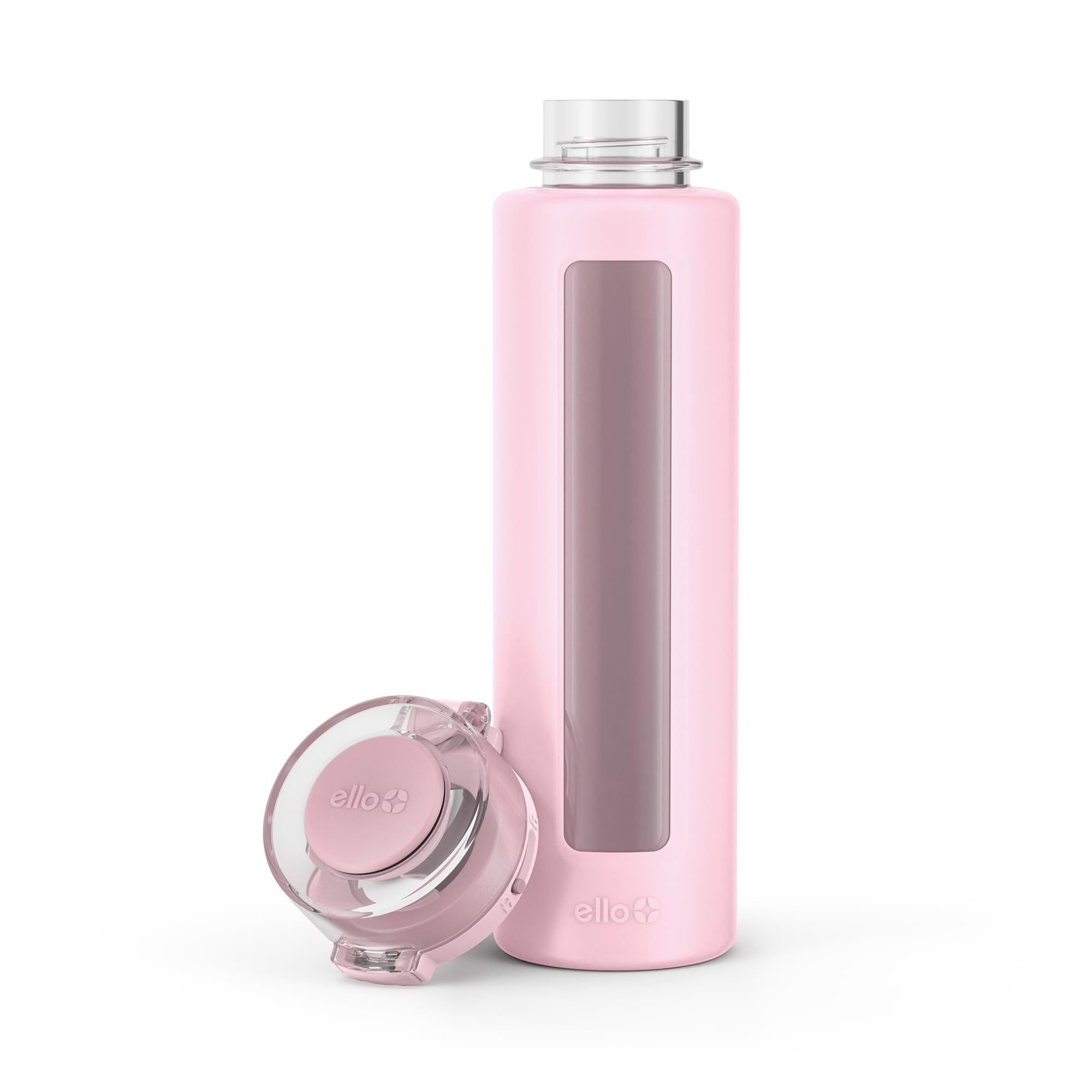 Ello Syndicate 20oz Reusable Glass Water Bottle with One-Touch Leak Proof Flip Lid, Protective Non-Slip Silicone Sleeve, Carry Loop for Coffee, Tea and Water, BPA-free, Dishwasher Safe, Cashmere Pink