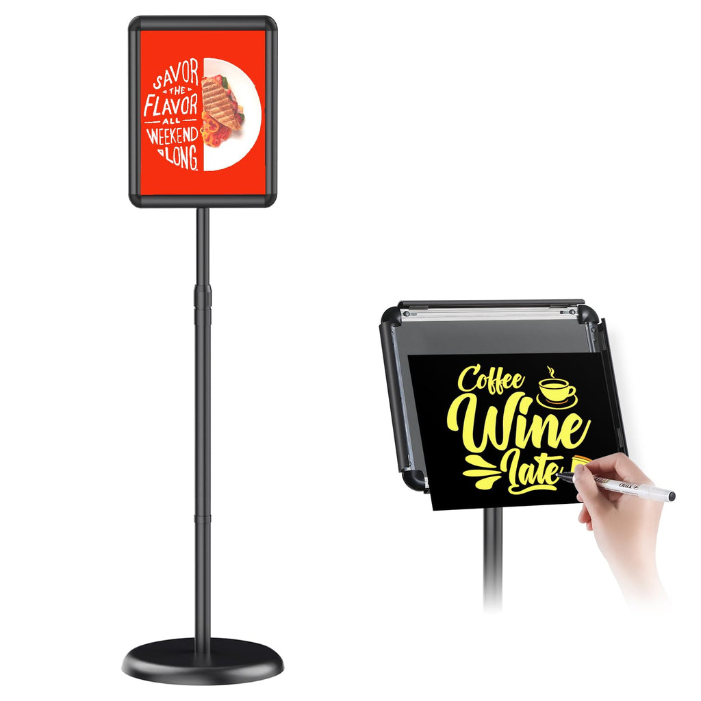 Newzueby Pedestal Floor Stand Sign Holder for 8.5*11 inches Poster or chalk board, Snap open frame,360° Rotation,Outdoor Indoor Standing Display Sign Holders for commerical, directional use, Black