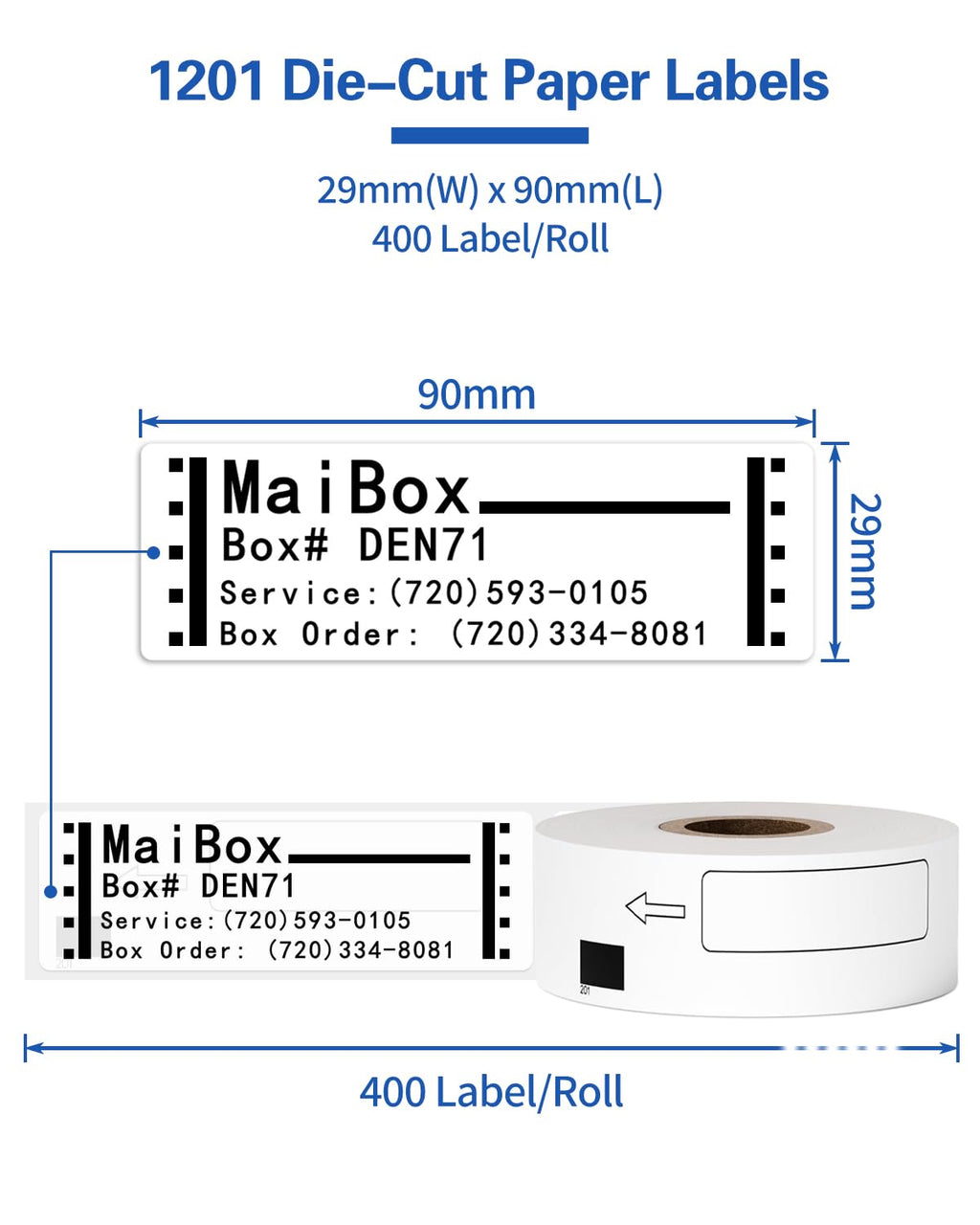 Greateam DK-1201 Standard Address Shipping Labels 29mm x 90mm(1.1" x 3.5") Die-Cut Papers Compatible with Brother QL 800 QL 810W 700 600 820NW Printer, 6 Rolls+1 Reusable Frame, 400 Labels/Roll
