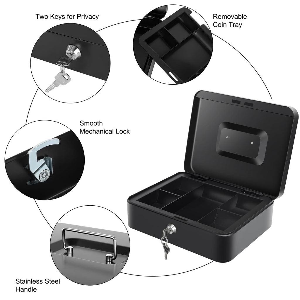 Cash Box with Money Tray and Lock, Large Metal Lock Box for Money Safe 9.84 x 7.87 x 3.54 Inches - Black