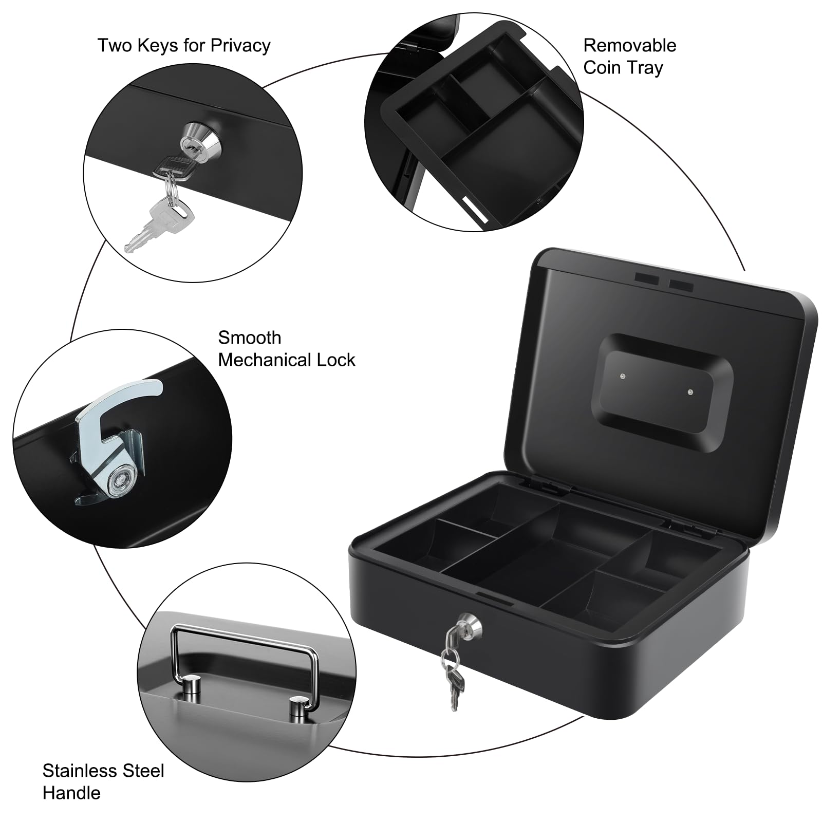 Cash Box with Money Tray and Lock, Large Metal Lock Box for Money Safe 9.84 x 7.87 x 3.54 Inches - Black