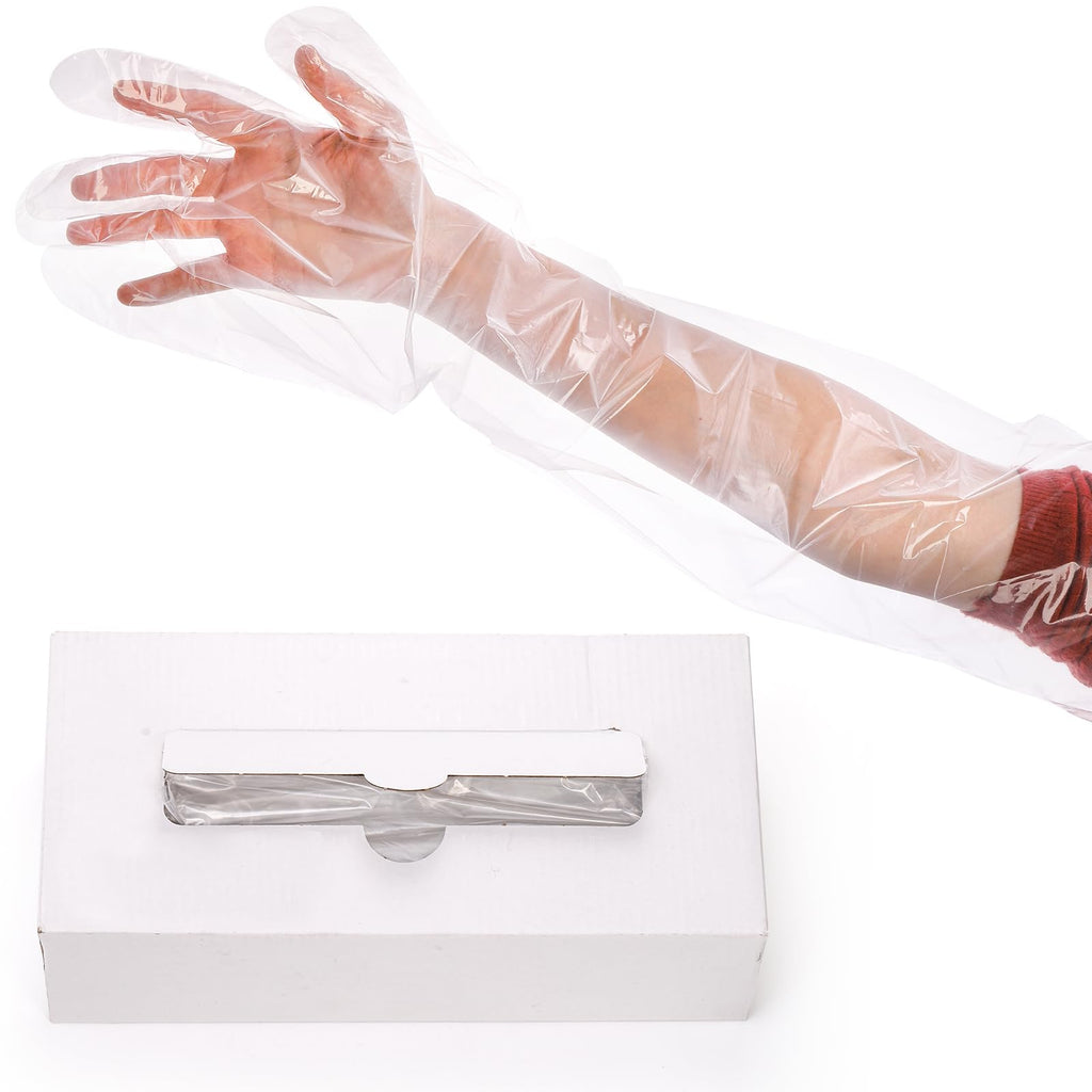 Okllen 100 Pcs Disposable Plastic Gloves, 35 Inch Long Arm Gloves Dressing Gutting Glove, Waterproof Veterinary Insemination Glove for Field Dressing House Cleaning Gardening, Transparent