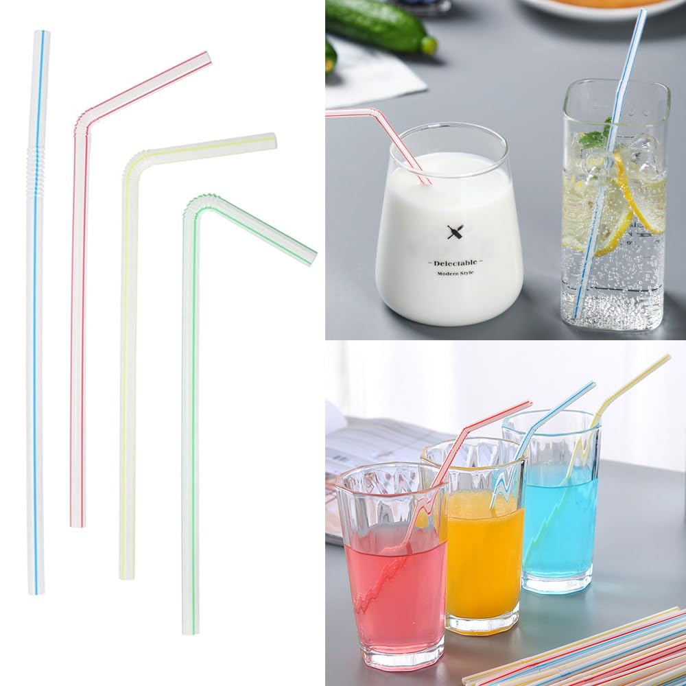 FOREVERIE 1000 Counts Value Pack Plastic Bendable Drinking Straws Flexible, Diameter 5 MM Length 21 CM (8.27 Inches), Assorted Colors Striped