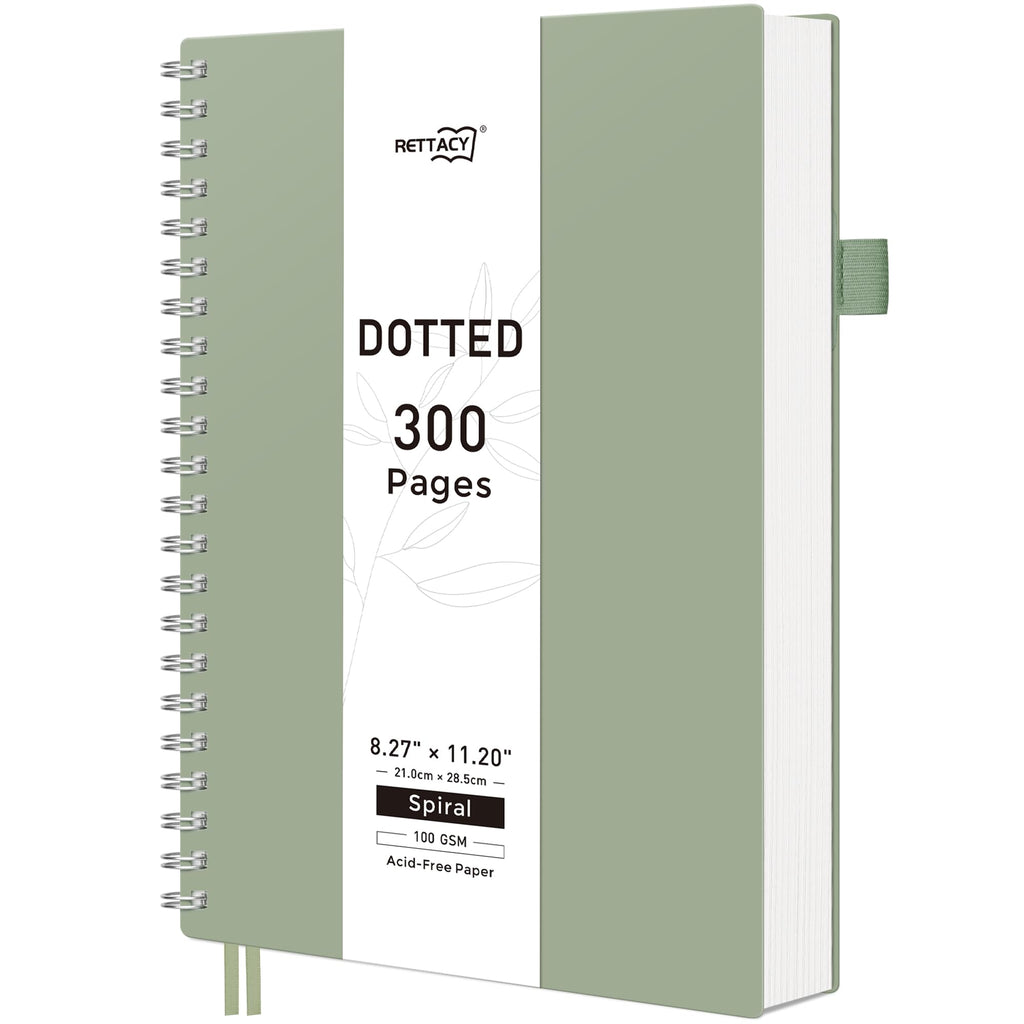 RETTACY Dotted Journal Notebook, 300 Pages, A4 Large Size (21 x 28 cm), 100 GSM Thick Paper, Flexible Plastic Cover, Spiral-bound, for Journaling, Planning, Tracking (Light Green)