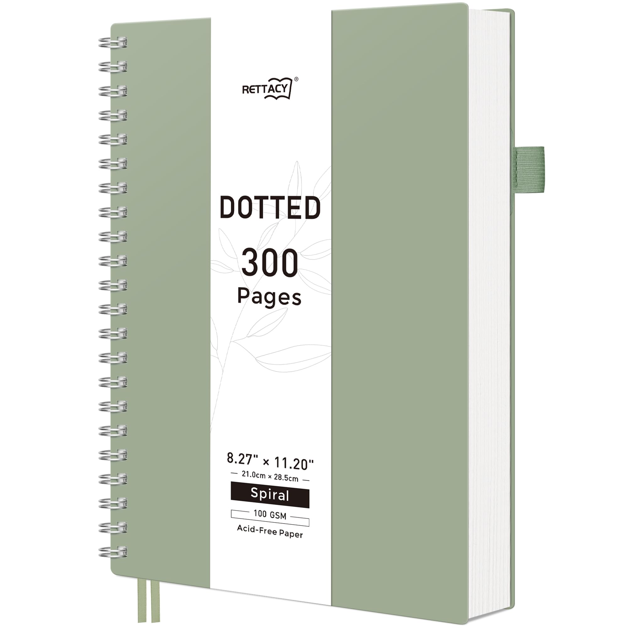 RETTACY Dotted Journal Notebook, 300 Pages, A4 Large Size (21 x 28 cm), 100 GSM Thick Paper, Flexible Plastic Cover, Spiral-bound, for Journaling, Planning, Tracking (Light Green)