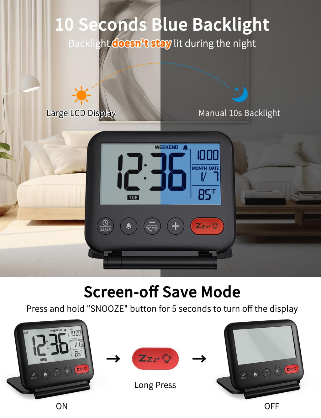NOKLEAD Digital Travel Alarm Clock - 3.23 inch LCD Display, Temperature, 9-Minute Snooze, 10s Backlight, Battery Included (Black)